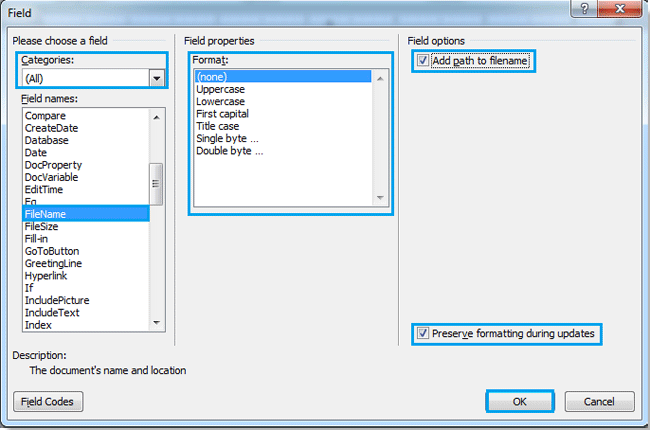 add filename to pdf footer