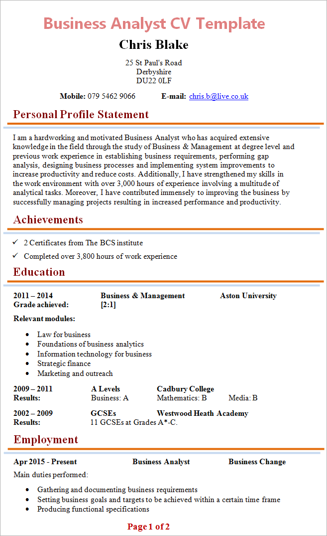 business profile sample format